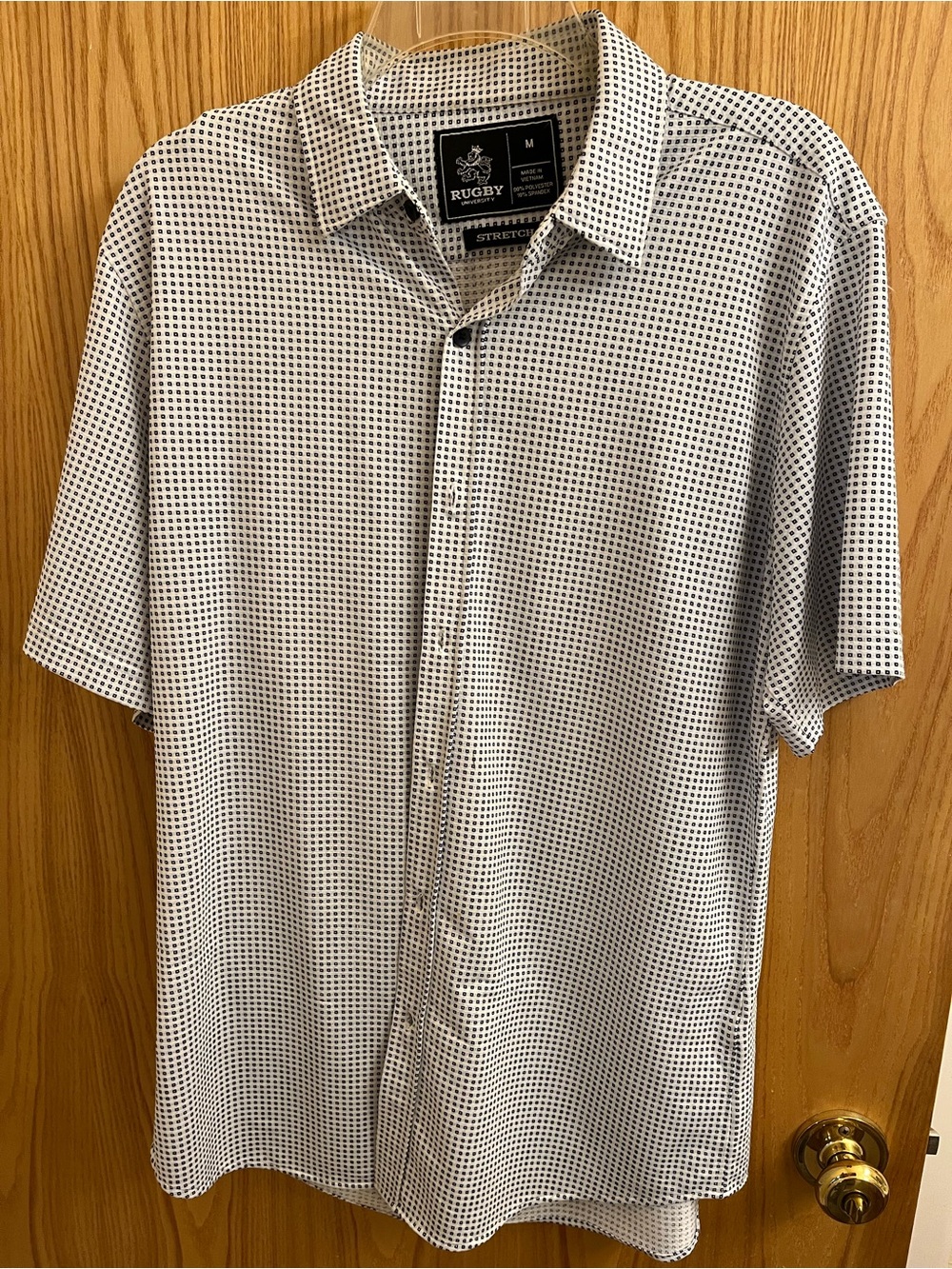 Rugby University Men’s White Short-Sleeve Button-Down Shirt with Blue Micro Grid